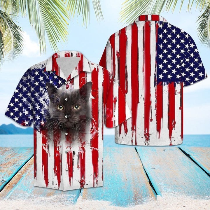 Black Cat Us Flag Pattern Navy Red Amazing Hawaiian Shirt | For Men & Women | HW1345-BehighStyle