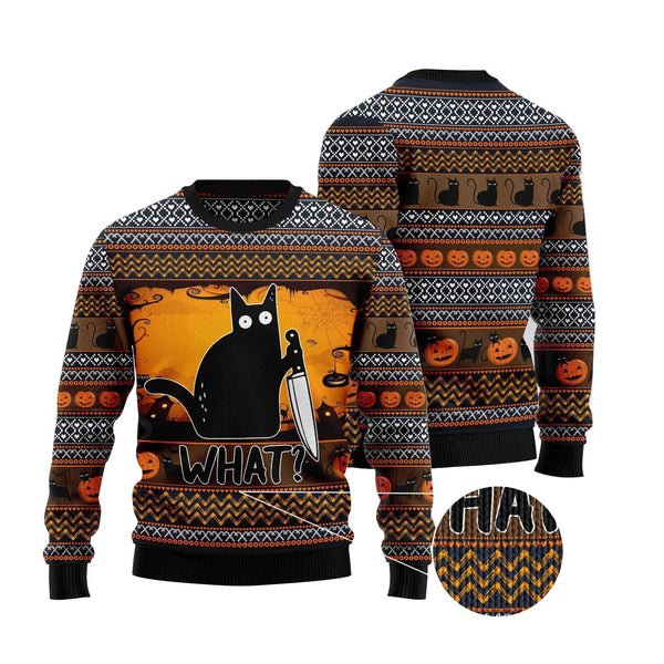 Black Cat What? Funny Halloween Pumpkin Ugly Christmas Sweater | Adult | US2235