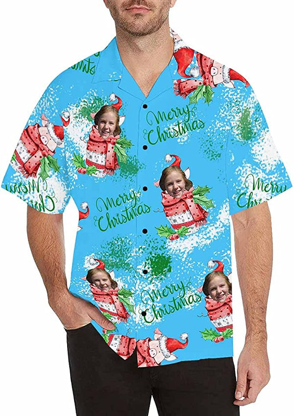 Blue Christmas Custom Photo Hawaiian Shirt | P360