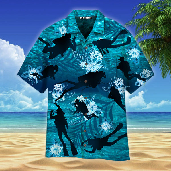 Blue Scuba Diving Hibiscus Hawaiian Shirt With Pocket| SP1048