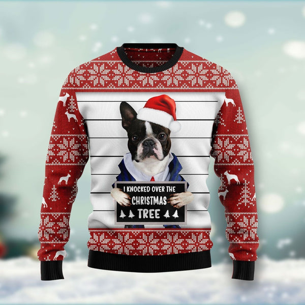 Boston Terrier I Knocked Over The Christmas Tree Ugly Christmas Sweater | Adult | US2156