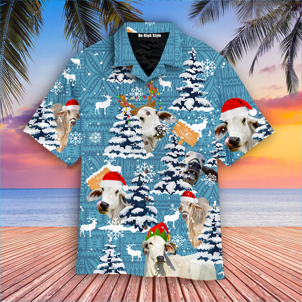 Brahman Cattle Blue Tribal Christmas Hawaiian Shirt | HW2770