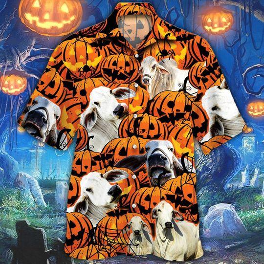 Brahman Cattle Halloween Pumpkin Hawaiian Shirt | For Men & Women | HW2096-BehighStyle