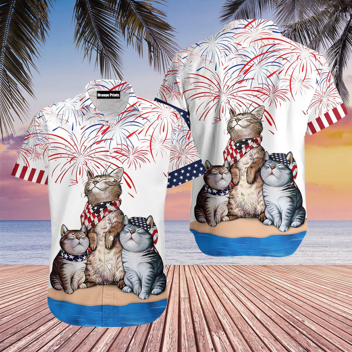 Cat American Flag Firework Aloha Hawaiian Shirt | For Men & Women | HW548-BehighStyle