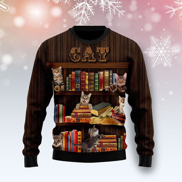 Cat Bookcase Ugly Christmas Sweater | Adult | US2185