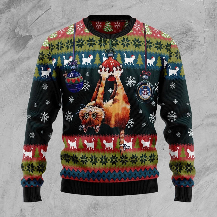 Cat Hanging On Xmas Tree Ugly Christmas Sweater | For Men & Women | Adult | US1131-BehighStyle