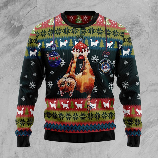 Cat Hanging on Xmas Tree Ugly Christmas Sweater | Adult | US1867