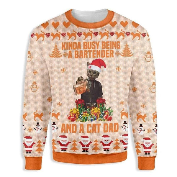 Cat Kinda Busy Being A Bartender A Cat Dad Ugly Christmas Sweater | Adult | US2009