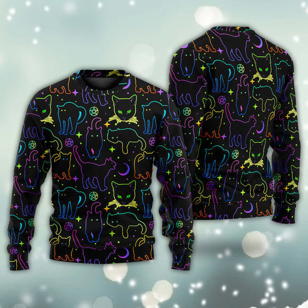 Cat Neon Colorful Playing With Kitten Magical Ugly Christmas Sweater | Adult | US2361