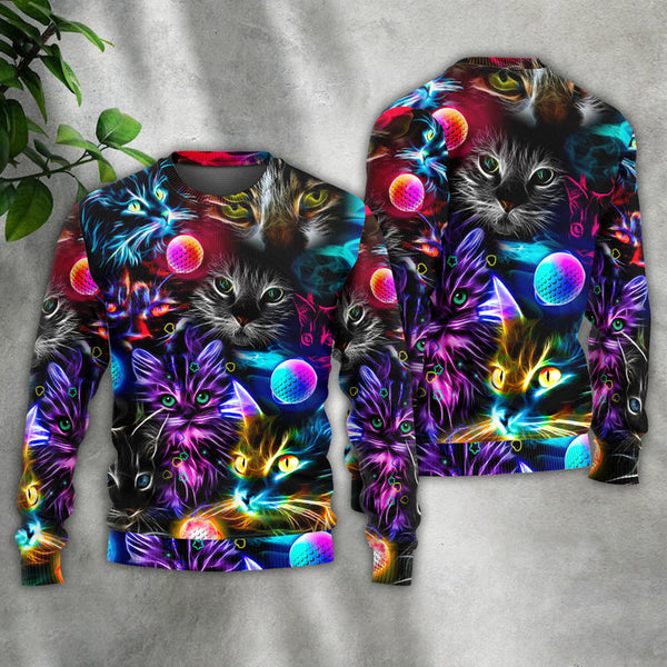Cat Play Golf Neon Lightning Colorful Ugly Christmas Sweater | Adult | US2348