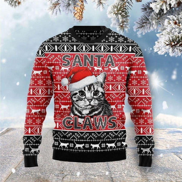 Cat Santa Claws Cat Pattern Black Red Ugly Christmas Sweater | Adult | US2434