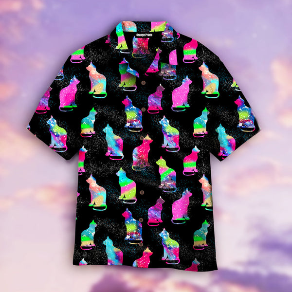 Cat Sits Silhouette Of A Bright Galaxy Hawaiian Shirt | For Men & Women | HW1881-BehighStyle