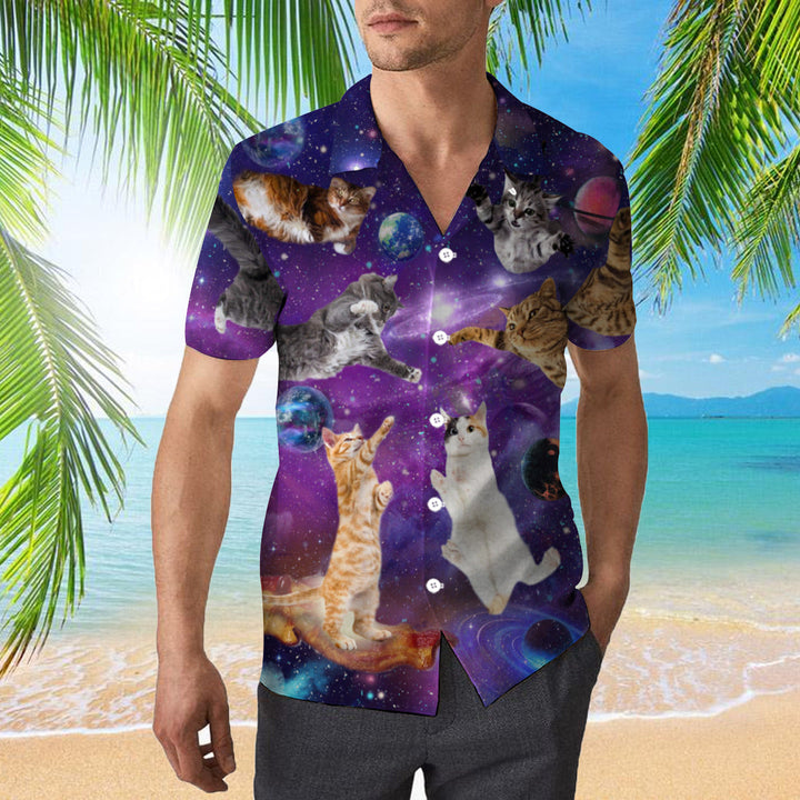 Cat Sits Silhouette Of A Bright Galaxy Hawaiian Shirt | For Men & Women | HW299-BehighStyle