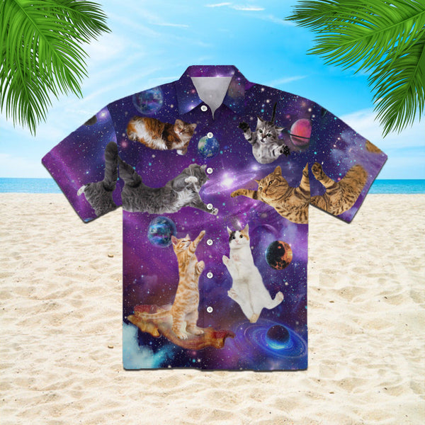 Cat Sits Silhouette Of A Bright Galaxy Hawaiian Shirt | For Men & Women | HW299-BehighStyle