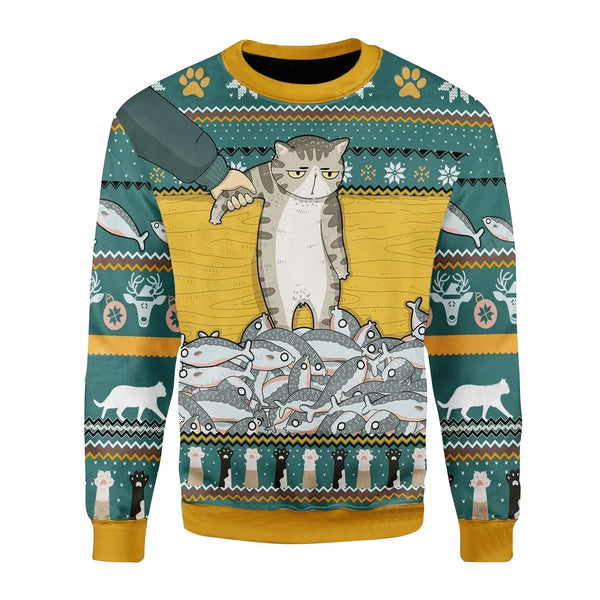 Cat With Fish Funny Ugly Christmas Sweater | Adult | US2296