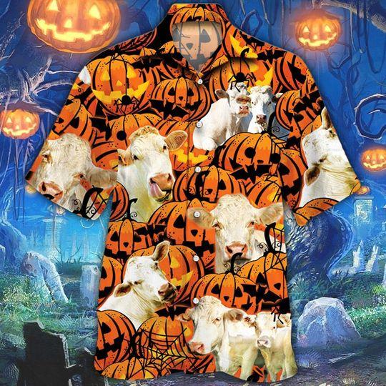 Charolais Cattle Halloween Pumpkin Hawaiian Shirt | For Men & Women | HW2100-BehighStyle