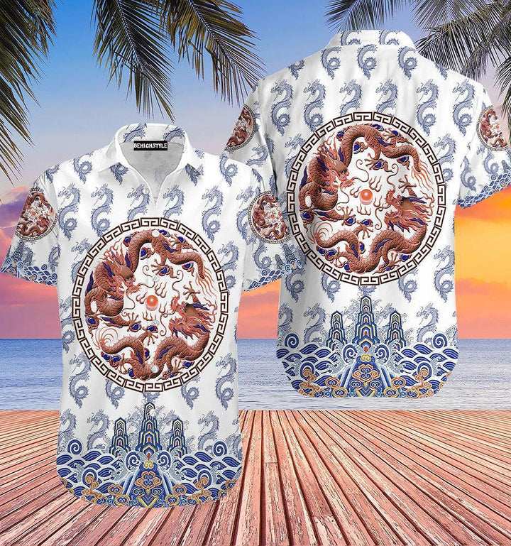 Chinoiserie Dragon White Hawaiian Shirt | For Men & Women | HW151-BehighStyle