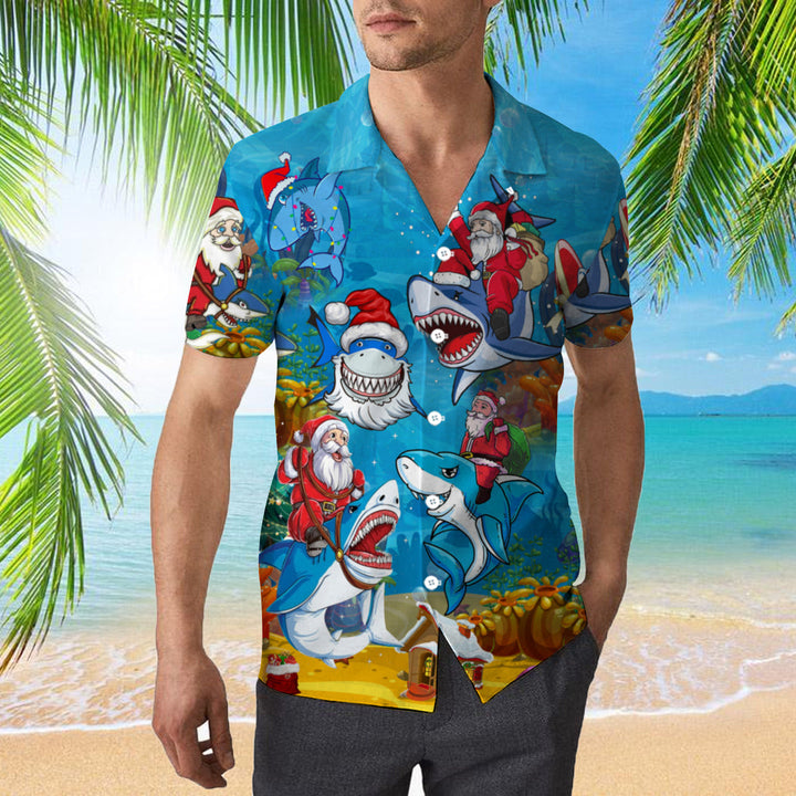 Christmas Santa Shark Santa Sled Brings Gifts To Ocean Funny Light Blue Hawaiian Shirt | Men & Women | HW340-BehighStyle