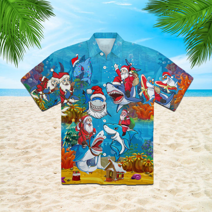 Christmas Santa Shark Santa Sled Brings Gifts To Ocean Funny Light Blue Hawaiian Shirt | Men & Women | HW340-BehighStyle