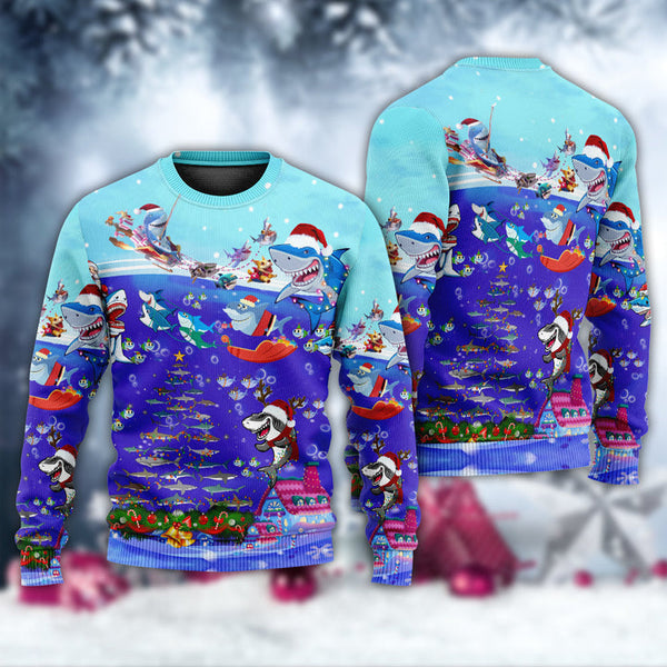 Christmas Santa Shark Sits On Rockets And Brings Gifts To Ocean Ugly Christmas Sweater | Adult | US2446