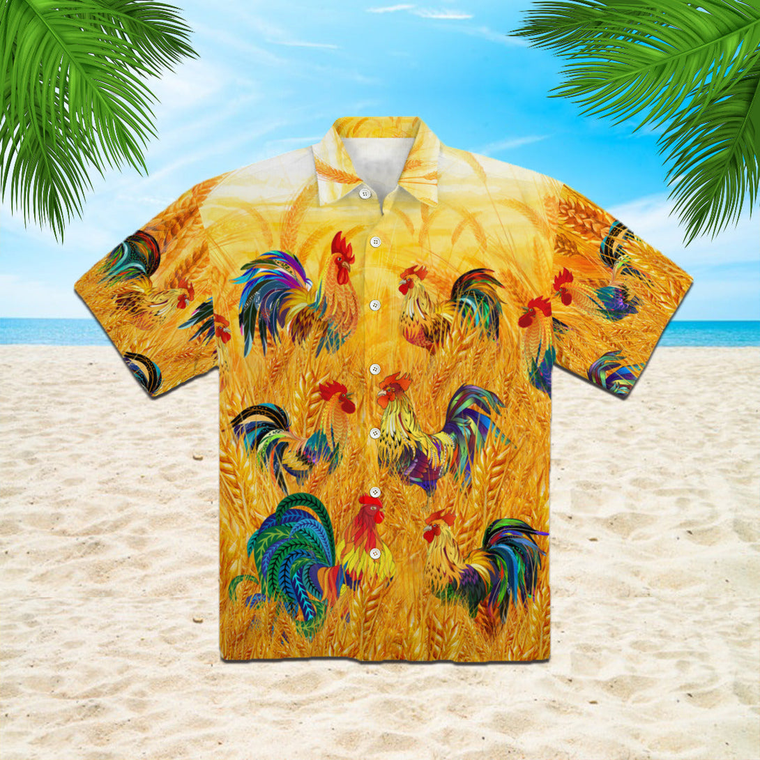 Colorful Rooster Chicken In The Golden Paddy Field Hawaiian Shirt | For Men & Women | HW1149-BehighStyle