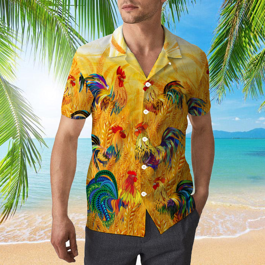Colorful Rooster Chicken In The Golden Paddy Field Hawaiian Shirt | For Men & Women | HW1149-BehighStyle