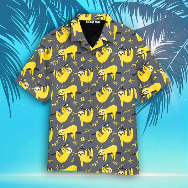 Cute Sloth Seamless Pattern In Yellow And Gray Hawaiian Shirt | HW1932