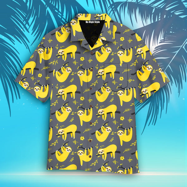 Cute Sloth Seamless Pattern In Yellow And Gray Hawaiian Shirt With Pocket| SP1018