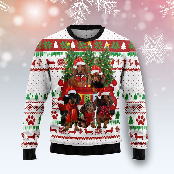 Dachshund Dog Red Truck Ugly Christmas Sweater | Adult | US1775