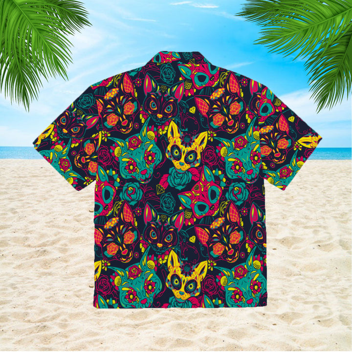 Day Of The Dead Colorful Sugar Cat Skull With Floral Hawaiian Shirt | For Men & Women | HW408-BehighStyle