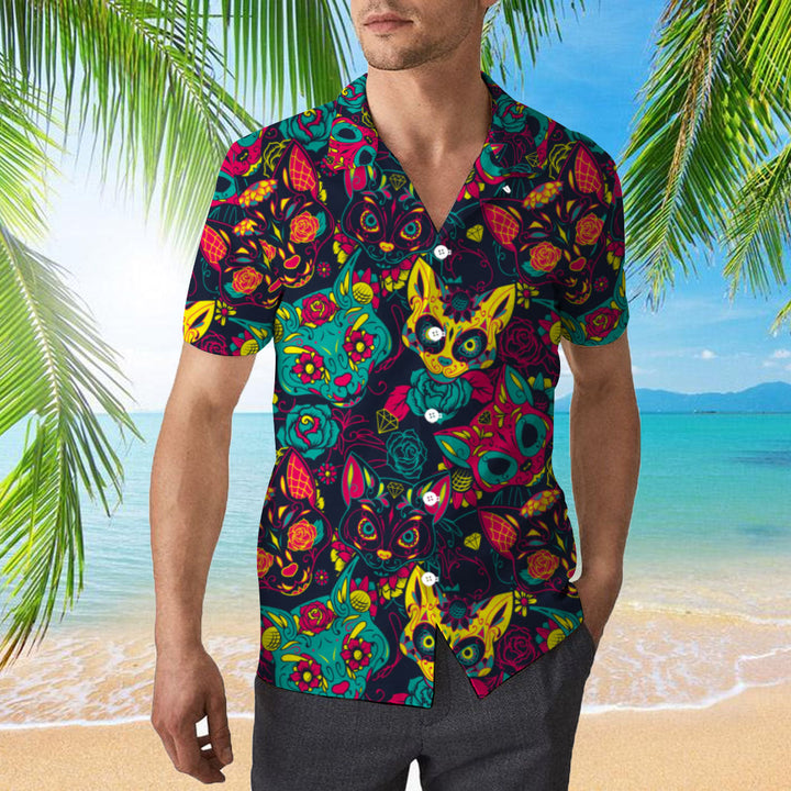 Day Of The Dead Colorful Sugar Cat Skull With Floral Hawaiian Shirt | For Men & Women | HW408-BehighStyle