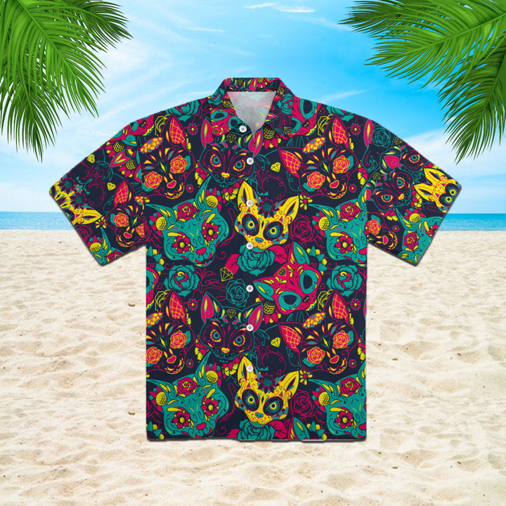 Day Of The Dead Colorful Sugar Cat Skull With Floral Hawaiian Shirt | For Men & Women | HW408-BehighStyle