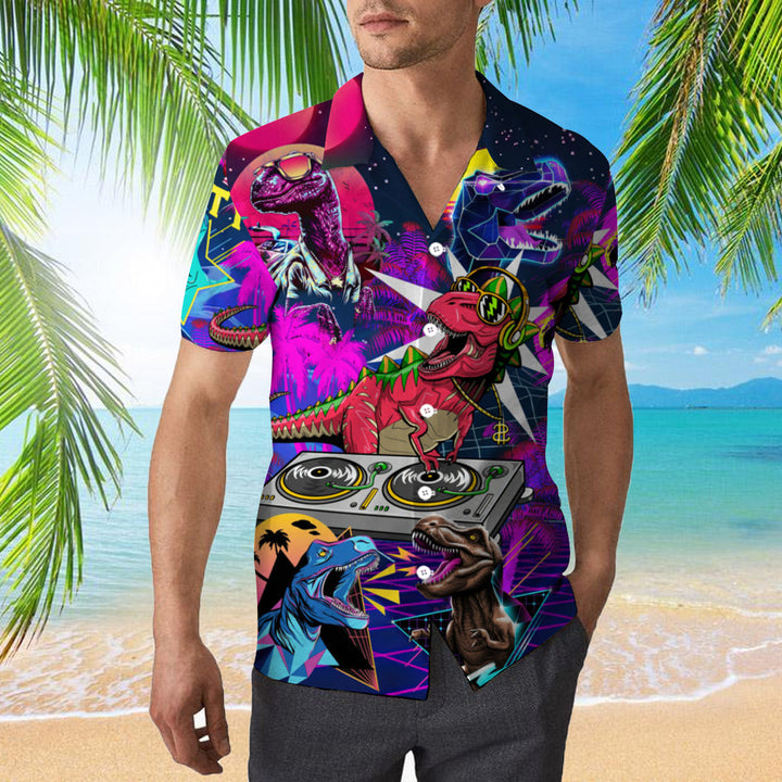 Dinosaur T-rex Neon DJ Party Hawaiian Shirt | For Men & Women | HW320-BehighStyle