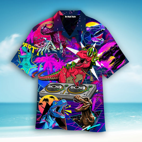 Dinosaur T-rex Neon DJ Party Hawaiian Shirt | HW320