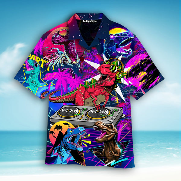 Dinosaur T-rex Neon DJ Party Hawaiian Shirt With Pocket| SP1019