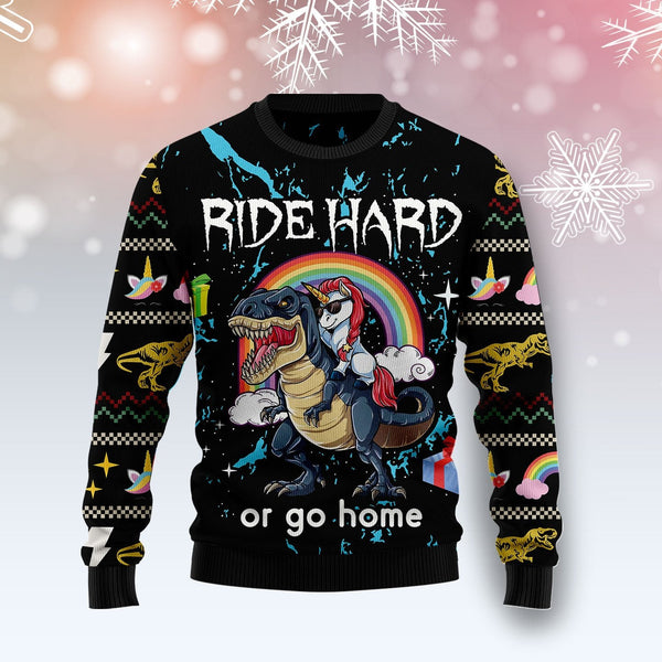 Dinosaur Unicorn Ride Hard Ugly Christmas Sweater | Adult | US1847