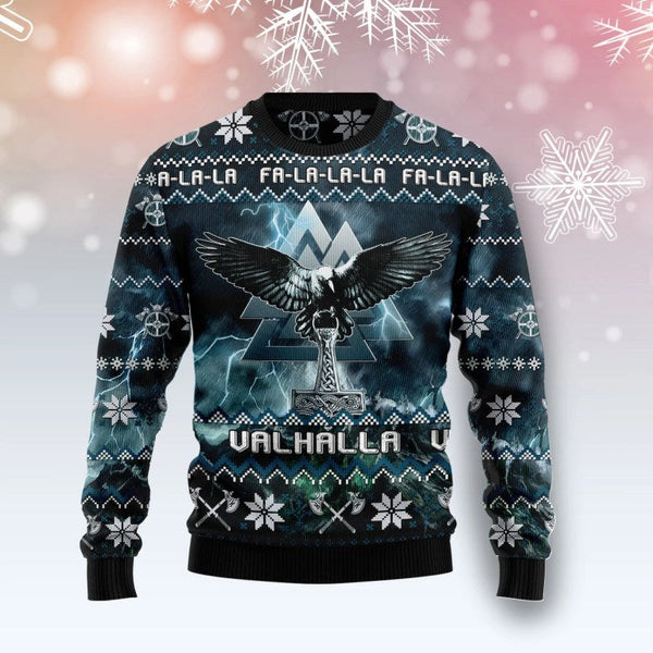 Fa-la-la-Valhalla Raven Mjolnir Valknut Viking Ugly Christmas Sweater | Adult | US2254