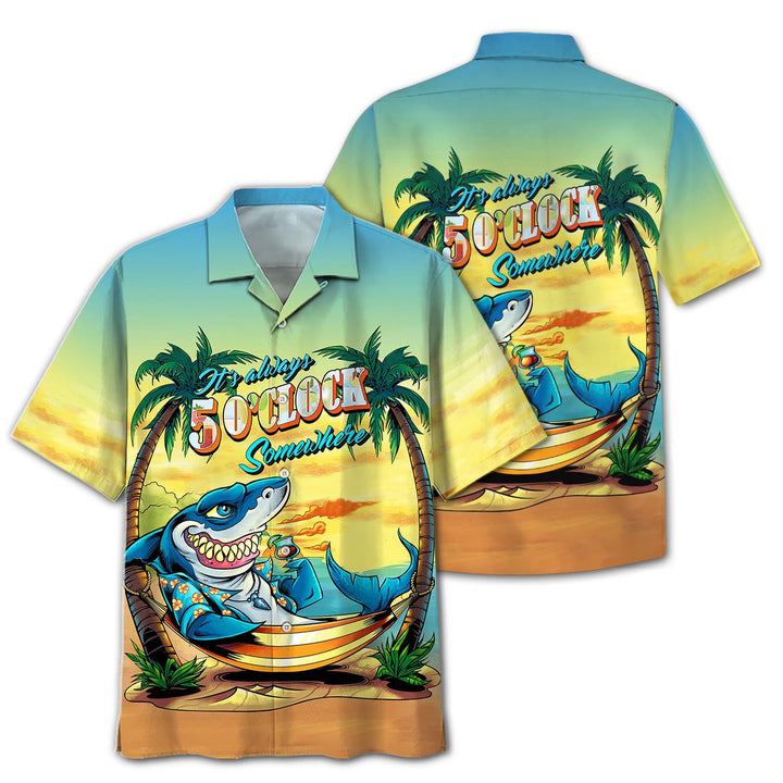 Famille – Shark On The Beach Aloha Hawaiian Shirt | For Men & Women | HW474-BehighStyle