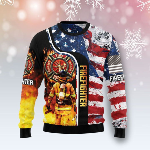 Firefighter Usa Flag Ugly Christmas Sweater | Adult | US2127