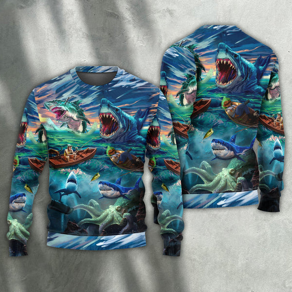 Fishing Shark Crazy Art Ugly Christmas Sweater | Adult | US2417