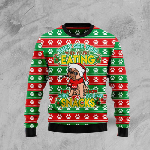 French Bulldog See You Eating Snacks Ugly Christmas Sweater | Adult | US1971