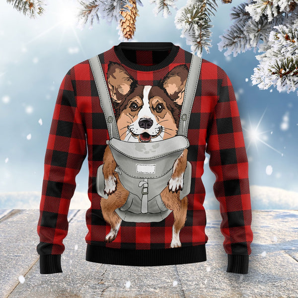 Front Carrier Dog Pembroke Welsh Corgi Ugly Christmas Sweater | Adult | US1825