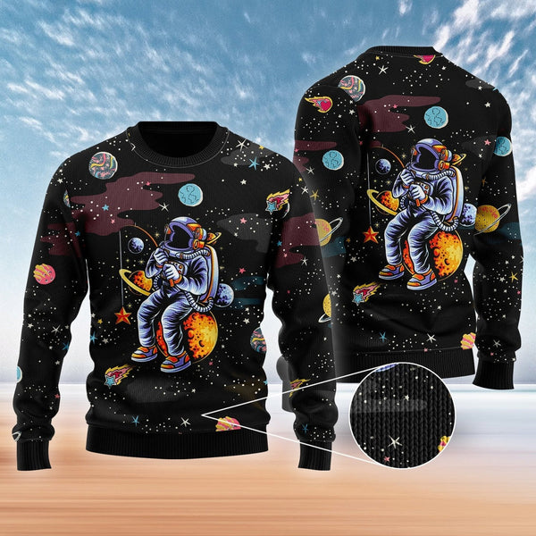 Funny Astronaut Fishing In Space Christmas Ugly Christmas Sweater | For Men & Women | Adult | US1124-BehighStyle