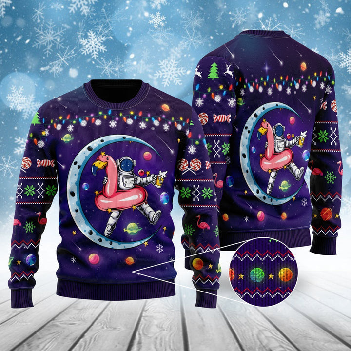 Funny Astronauts Sit On Flamingo Ugly Christmas Sweater | For Men & Women | Adult | US1541-BehighStyle