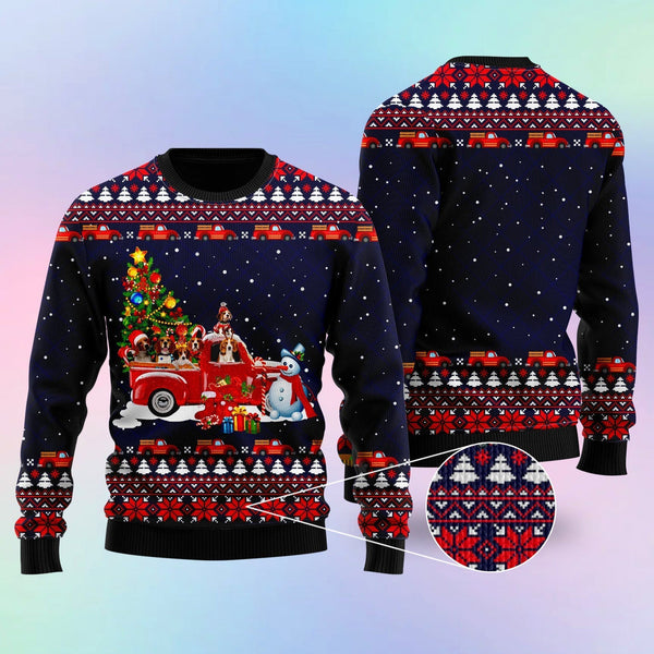 Funny Dogs With Red Truck Christmas Holiday Ugly Christmas Sweater | For Men & Women | Adult | US1547-BehighStyle