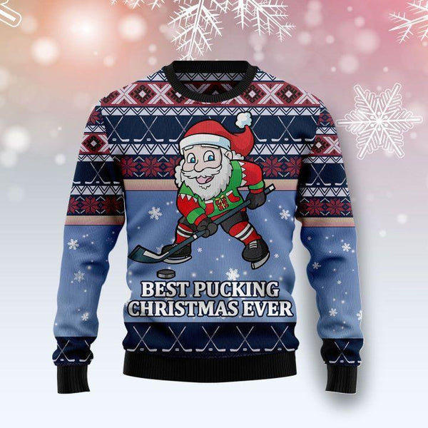 Funny Santa Playing Hockey Ugly Christmas Sweater | Adult | US1948