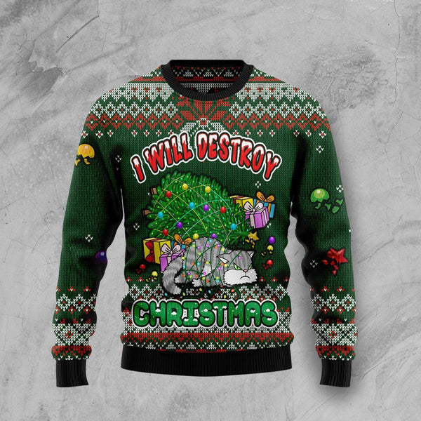 Funny Cat I Will Destroy Christmas Snowflower Ugly Christmas Sweater | Adult | US2674