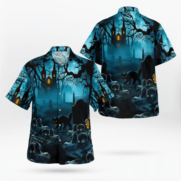 Gloomy Night Haunted Castle Black Cat Scary Hawaiian Shirt | HW3070