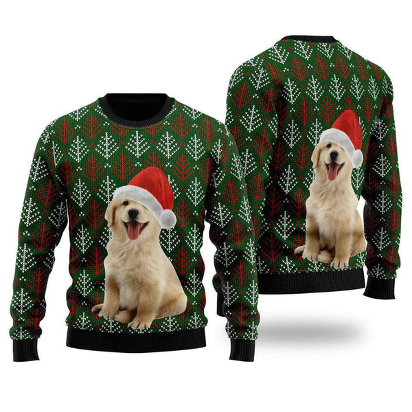 Golden Retriever Puppy Wears Santa Hat Ugly Christmas Sweater | Adult | US2000