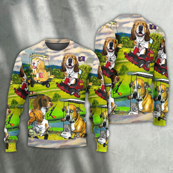 Golf Dog Driving Golf Cart Art Ugly Christmas Sweater | Adult | US2351